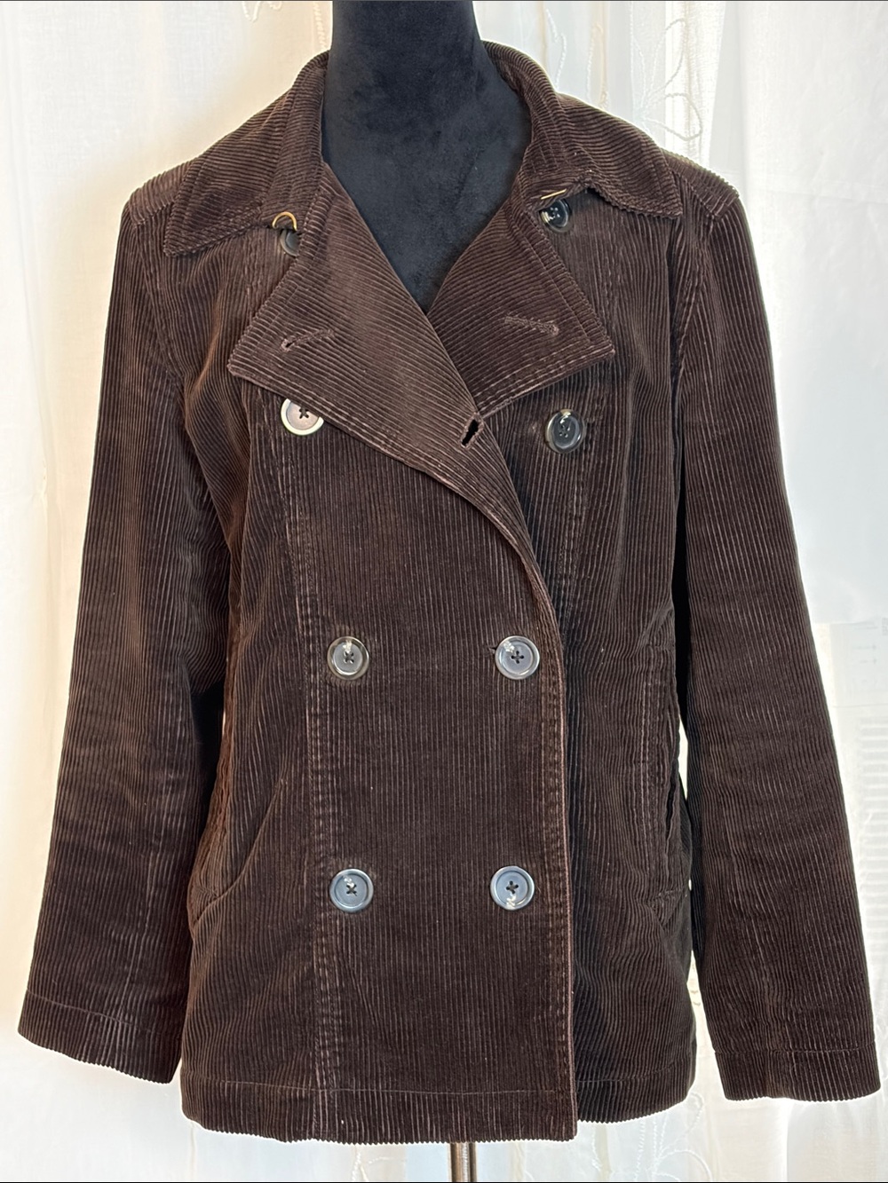 Vintage GAP Women's Dark Brown Corduroy Double-Breasted Peacoat L
